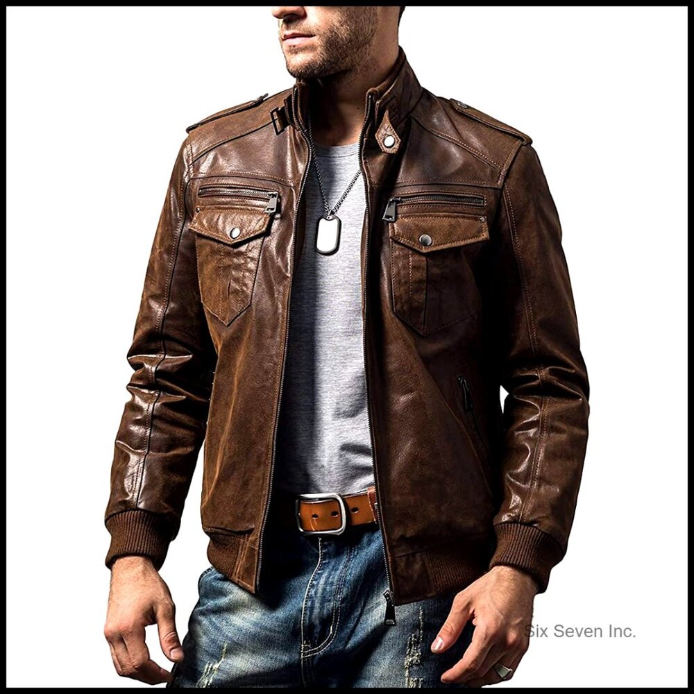 Men's Genuine Leather Motorcycle Jacket Biker Retro Style